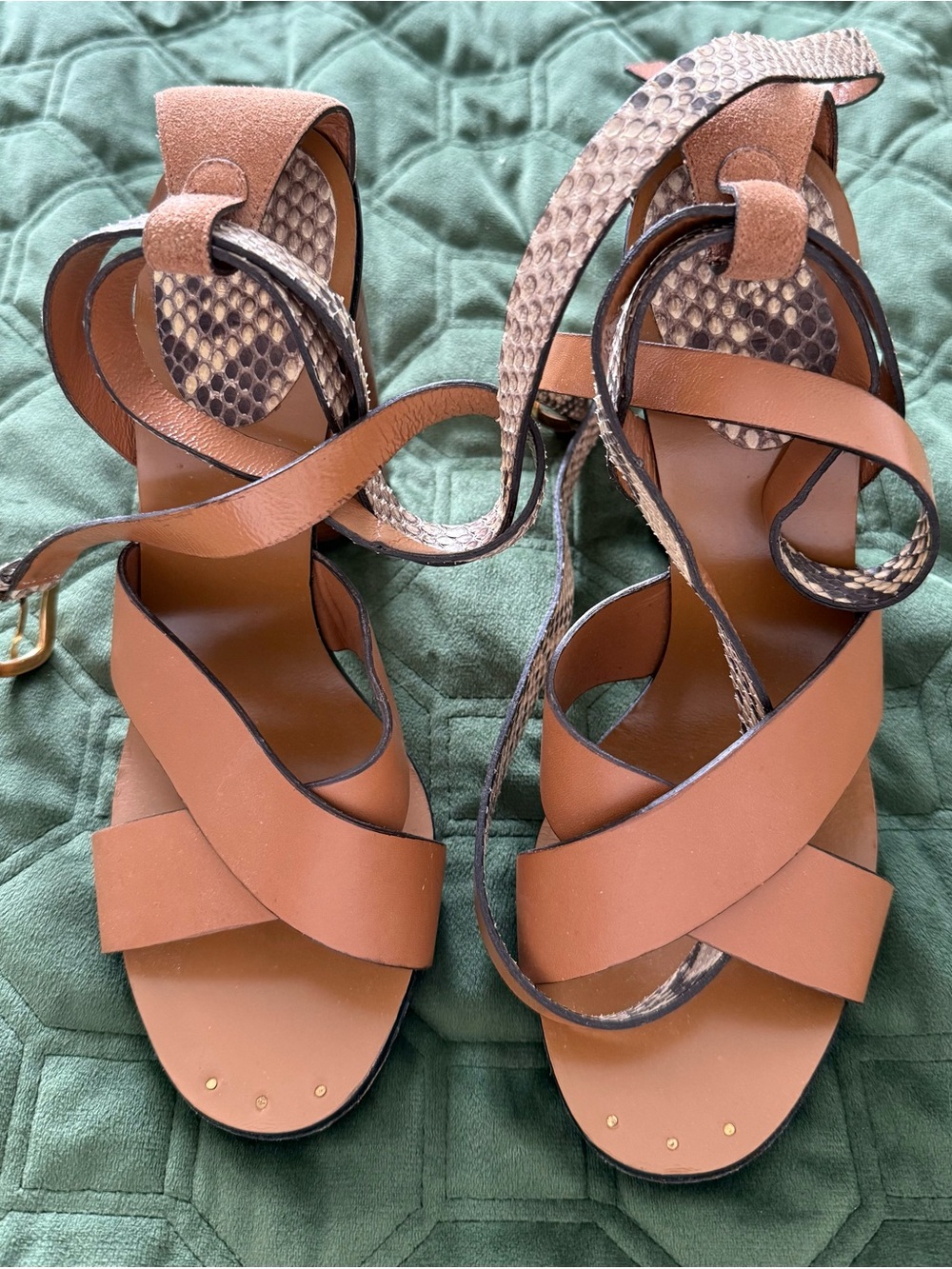 Gucci Tan Leather Wrap Sandals with Snakeskin Accents